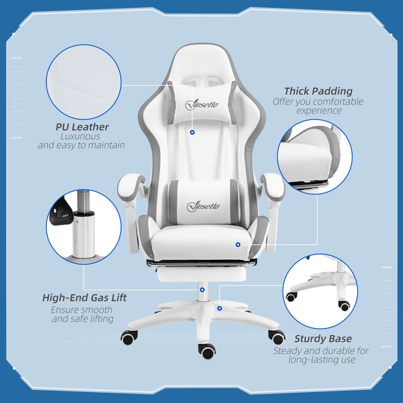 Vinsetto Computer Gaming Chair, PU Leather Desk Chair with Footrest, Swivel Task Chair with 135° Reclining Back and Lumbar Support, PC Chair for Adults, White and Grey