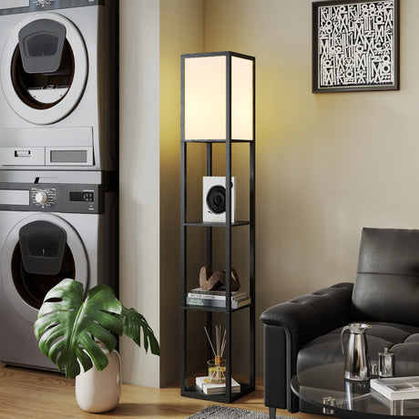 HOMCOM Floor Lamp with Shelves, 3 Layer Column Modern Standing Lamp for Living Room, Bedroom, Office, Bulb not Included, Black
