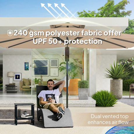 Outsunny 3.7 x 2.7 m Cantilever Parasol w/360 Rotation and Easy Tilt Adjustment, Aluminium Hanging Offset Outdoor Umbrella w/Double Top, Cross Base, UPF50+ Hanging Sun Shade, Black Pole
