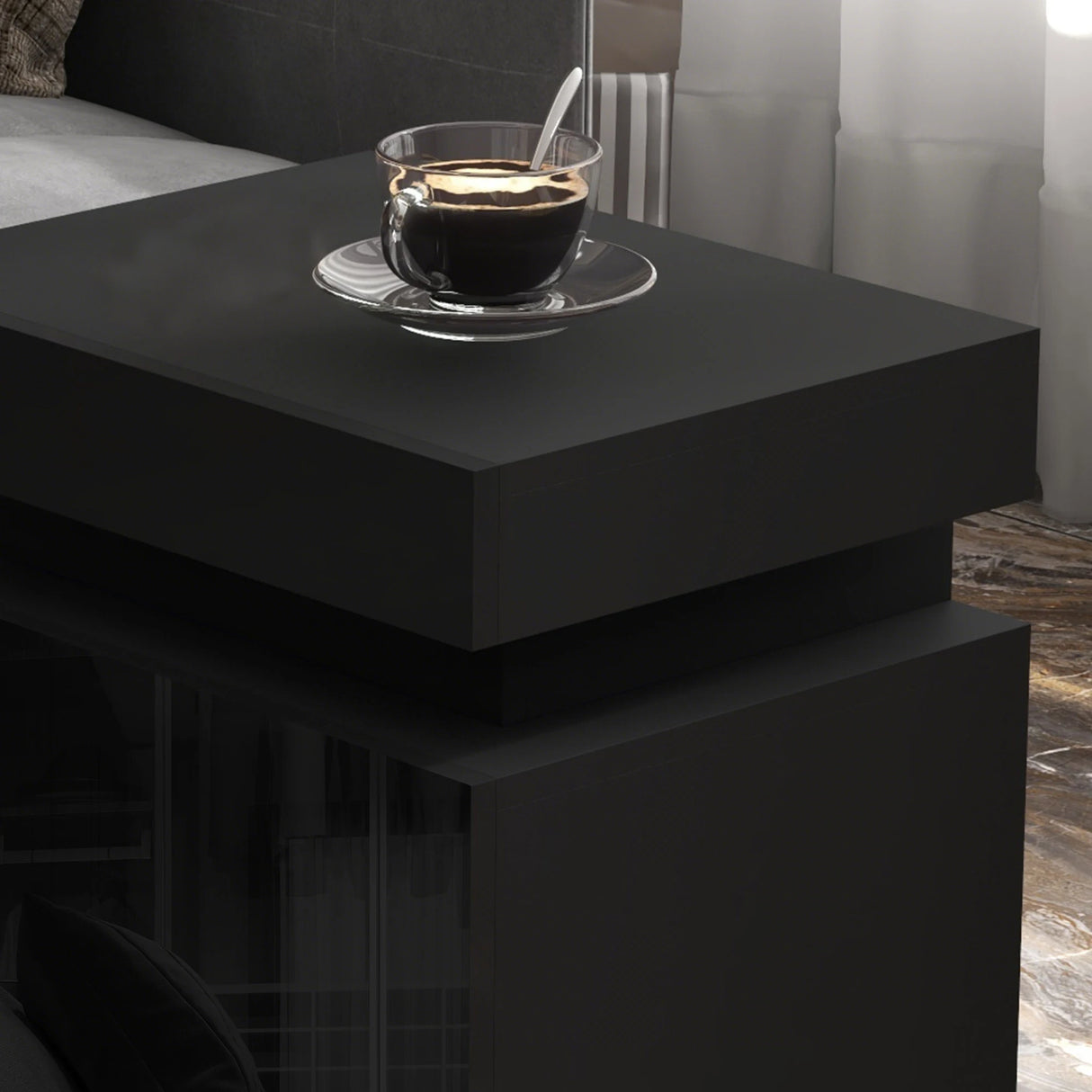 HOMCOM Black Bedside Table with LED Light, High Gloss Front Nightstand with 2 Drawers, for Living Room, Bedroom