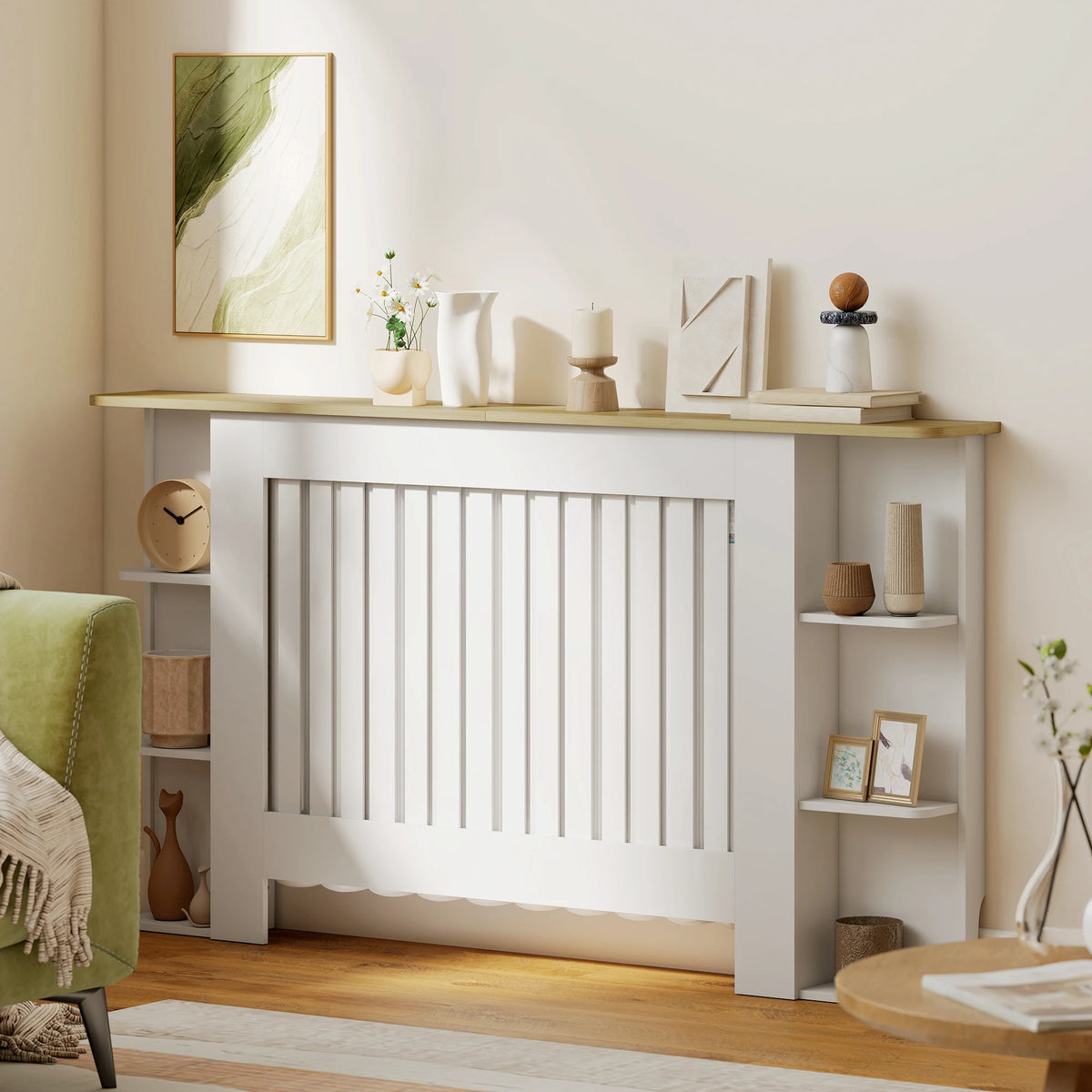 HOMCOM Radiator Cover with Open Storage Shelves, Vertical Slatted Cabinet Shelf Heater Cover for Living Room, Hallway, Large, White (H: 83 / W: 152 / D: 19 cm)