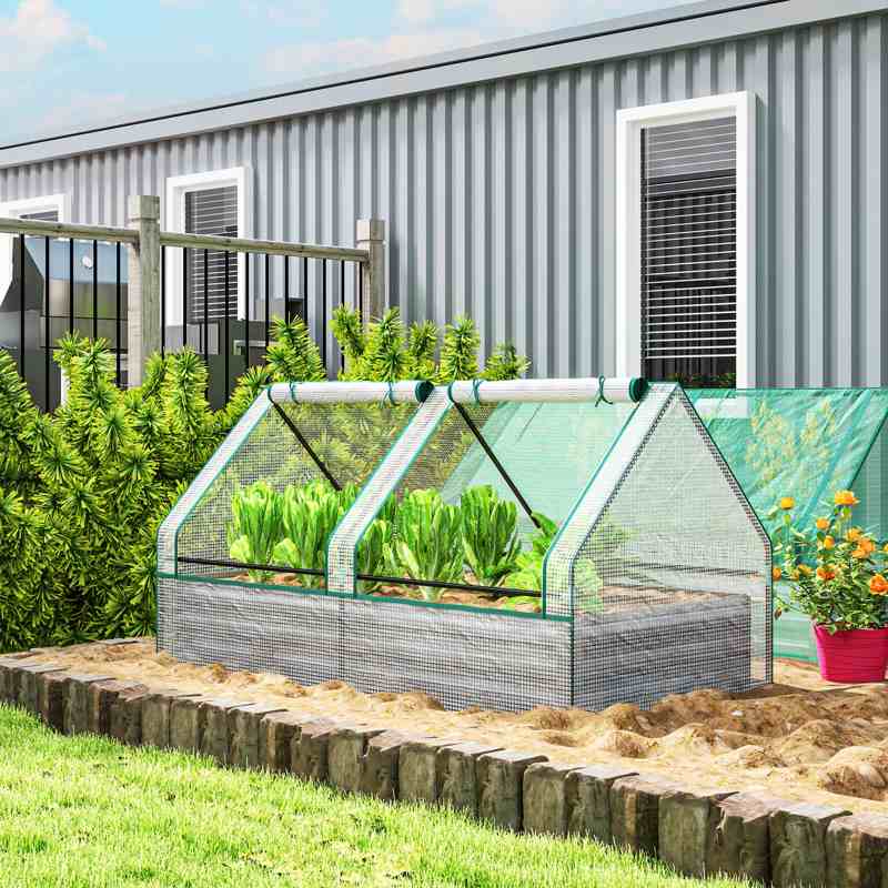 Outsunny Metal Planter Box with Cover, Raised Garden Bed with Greenhouse, for Herbs and Vegetables, White and Dark Grey