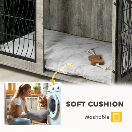 PawHut 46.46'' Dog Crate Furniture Table with Soft Washable Cushion and Lockable Door, for Large Indoor Dogs, Grey