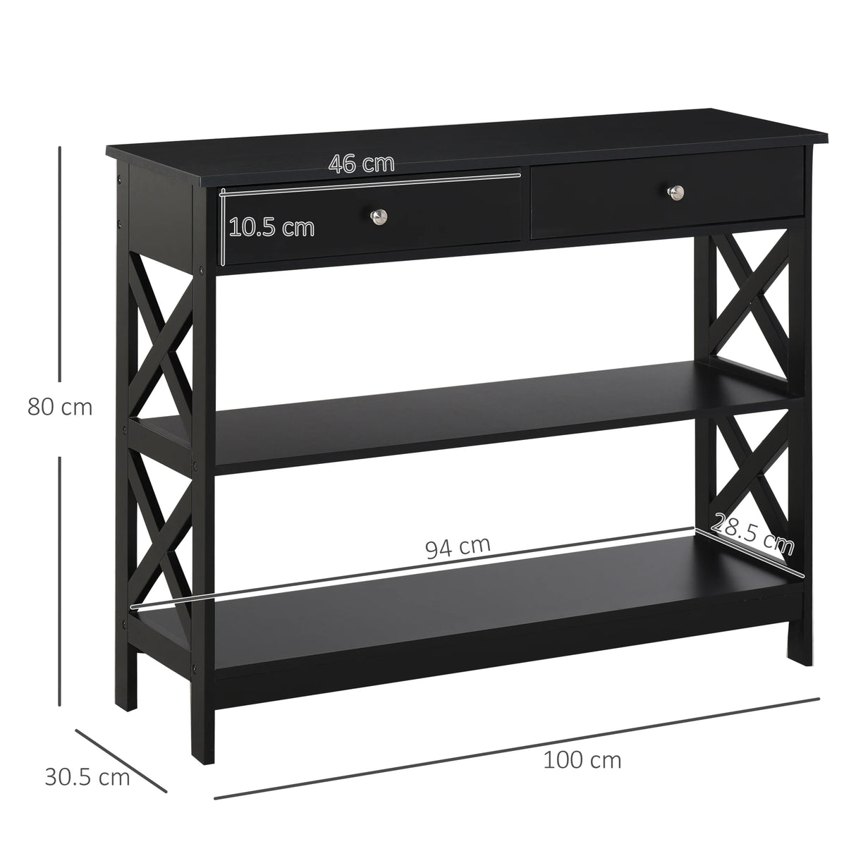 HOMCOM Console Table Side Desk w/ Shelves Drawers Open Top X Support Frame Living Room Hallway Home Office Furniture Black