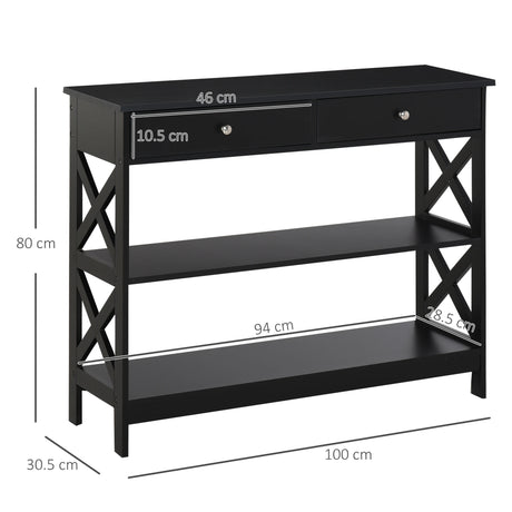 HOMCOM Console Table Side Desk w/ Shelves Drawers Open Top X Support Frame Living Room Hallway Home Office Furniture Black