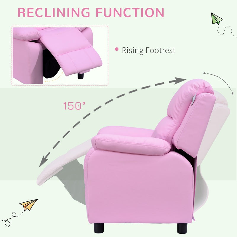 HOMCOM Kids Sofa Armchair Toddler Recliner Children's  Chair Lounger Games Chair  PU Leather w/ Storage  (Pink)