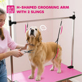 PawHut 42" Dog Grooming Table, Adjustable Pet Cat Drying Beauty Table with 2 Loops Storage Basket, Rubber Top, Pink