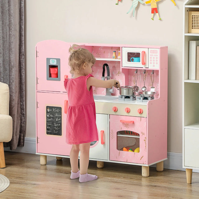 AIYAPLAY Play Kitchen, Kids Kitchen Set with Lights and Sounds, Double Stoves, Ice Maker, Chalkboard for 3+ Years, Pink