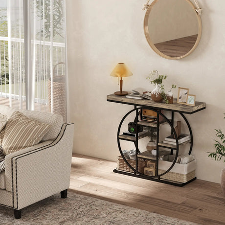 HOMCOM Industrial Console Table with Storage Shelves - Rustic Brown