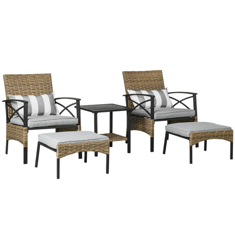 Outsunny 5 Piece PE Rattan Garden Furniture Set, 2 Armchairs,2 Stools, Steel Tabletop with Wicker Shelf, Padded Outdoor Seating, Grey