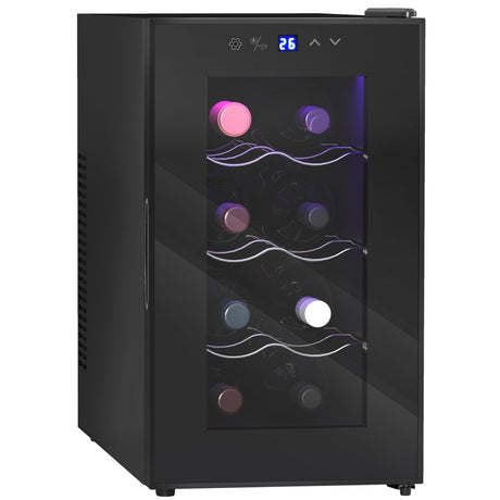 HOMCOM Mini Freestanding Wine Cooler Fridge, 8 Bottle, 21L, 26.5cm Quiet Thermoelectric Under Counter Drinks Beer Wine Fridge with Glass Door, LED Light, Digital Touch Screen, Temperature Control