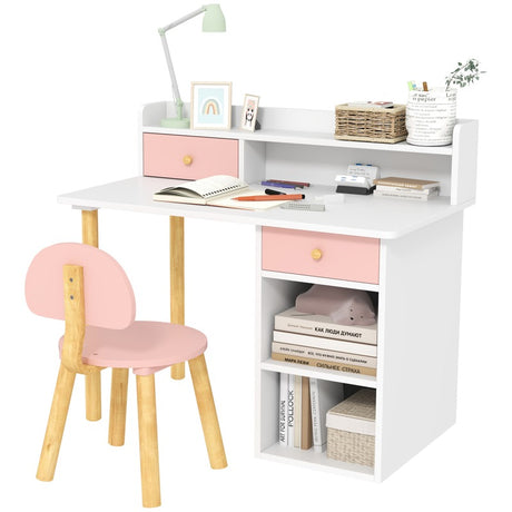 AIYAPLAY 2 Pieces Children Study Table with Hutch, Kids Desk and Chair Set with Storage Drawer, Shelves - Pink