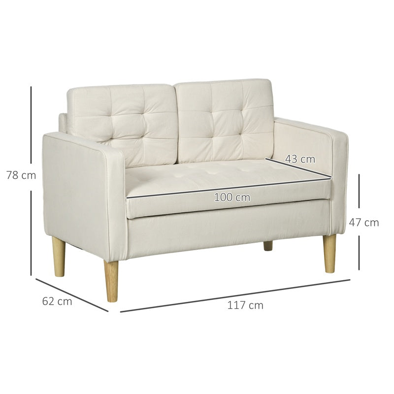 HOMCOM Modern Loveseat Sofa, Compact 2 Seater Sofa with Hidden Storage, 117cm Tufted Cotton Couch with Wood Legs, Cream White