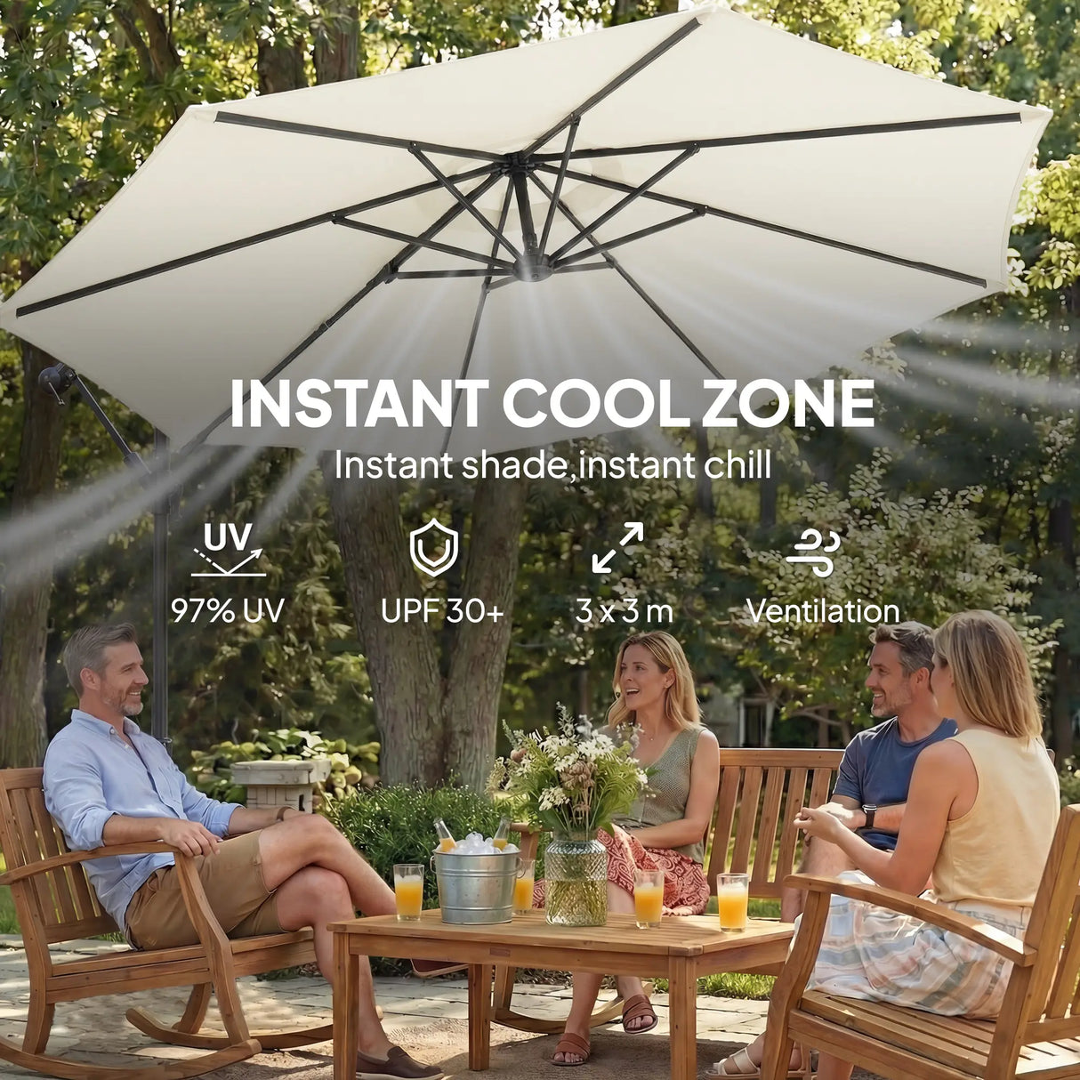 Outsunny 3 m Garden Cantilever Parasol with Cross Base, Sandbag, 360 Rotating Overhanging Banana Umbrella, Cream White