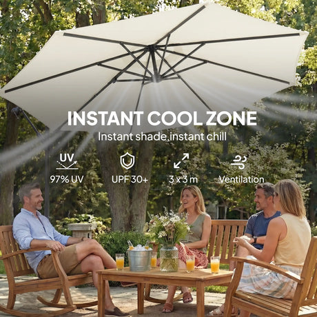 Outsunny 3 m Garden Cantilever Parasol with Cross Base, Sandbag, 360 Rotating Overhanging Banana Umbrella, Cream White