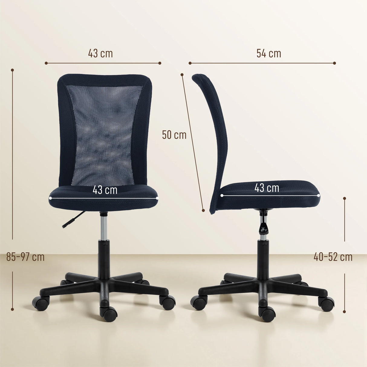 Vinsetto Computer Desk Chair, Mesh Office Chair with Adjustable Height and Swivel Wheels, Armless Study Chair, Dark Grey