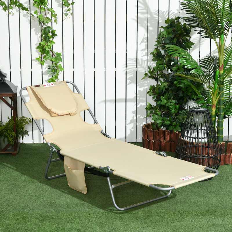 Outsunny Foldable Sun Lounger, Beach Chaise Lounge with Reading Hole, Arm Slots, 5-Position Adjustable Backrest, Side Pocket, Pillow for Patio, Garden, Beach, Pool, Beige