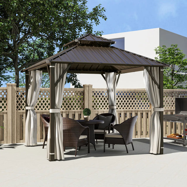 Outsunny 3 x 3(m) Hardtop Gazebo Canopy with Double Metal Roof, Waterproof Permanent Pavilion Garden Gazebo with Netting and Curtains, Easy to Assemble