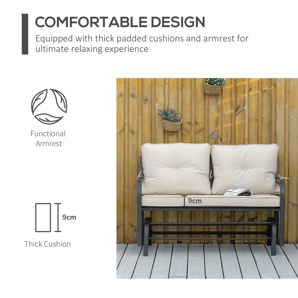 Outsunny 2-Person Outdoor Loveseat Glider Bench Rocking Chair for Patio, Garden, Yard, Porch with Armrest and Cushions, Khaki