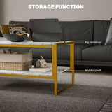 HOMCOM Coffee Table, Two-Tier Faux Marble Effect Centre Table with Metal Frame and Storage Shelf for Living Room, 106 x 50 x 45cm, White