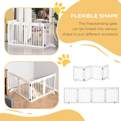 PawHut Freestanding Pet Gate 4 Panel Wooden Dog Barrier Folding Safety Fence with Support Feet up to 204cm Long 61cm Tall for Doorway Stairs White