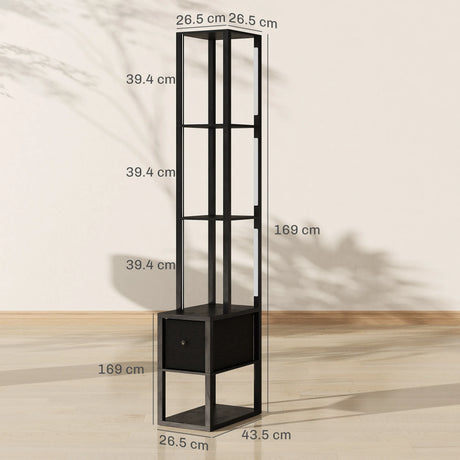 HOMCOM Floor Lamp with Shelves, LED Column Modern Standing Lamp with Fabric Drawer, Adjustable Brightness, Foot Switch for Living Room, Bedroom, Office, Black