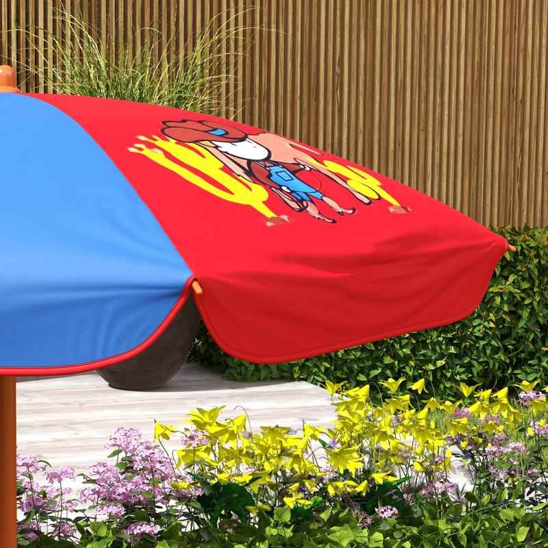 Outsunny 4 Piece Kids Garden Furniture Set with Adjustable Canopy, Cowboy Themed, Kids Garden Table and Chair Set and Double Seat Swing Chair for Patio Park Porch, for Ages 3-6 Years - Red and Blue