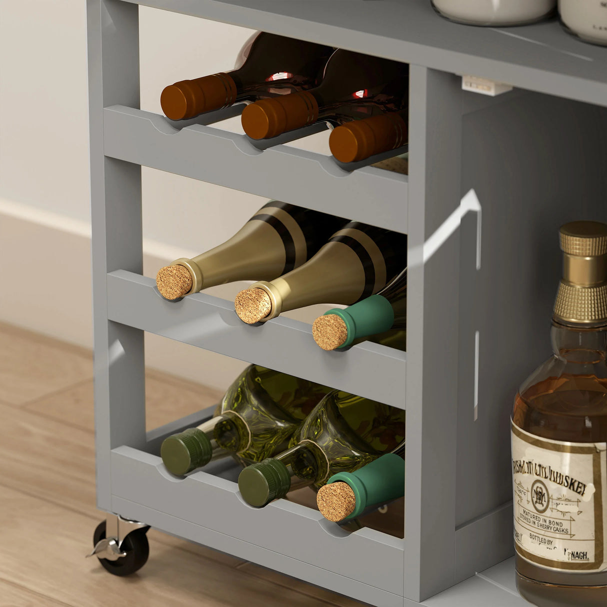 HOMCOM Modern Kitchen Trolley, Rolling Island Storage Cart with Drawer, 9-bottle Wine Rack, Door Cabinets, Wooden Countertop, Grey
