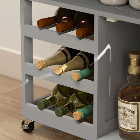 HOMCOM Modern Kitchen Trolley, Rolling Island Storage Cart with Drawer, 9-bottle Wine Rack, Door Cabinets, Wooden Countertop, Grey