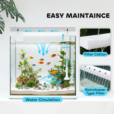 PawHut 14L Glass Fish Tank With Filter System, LED Lights, Water Pump, White