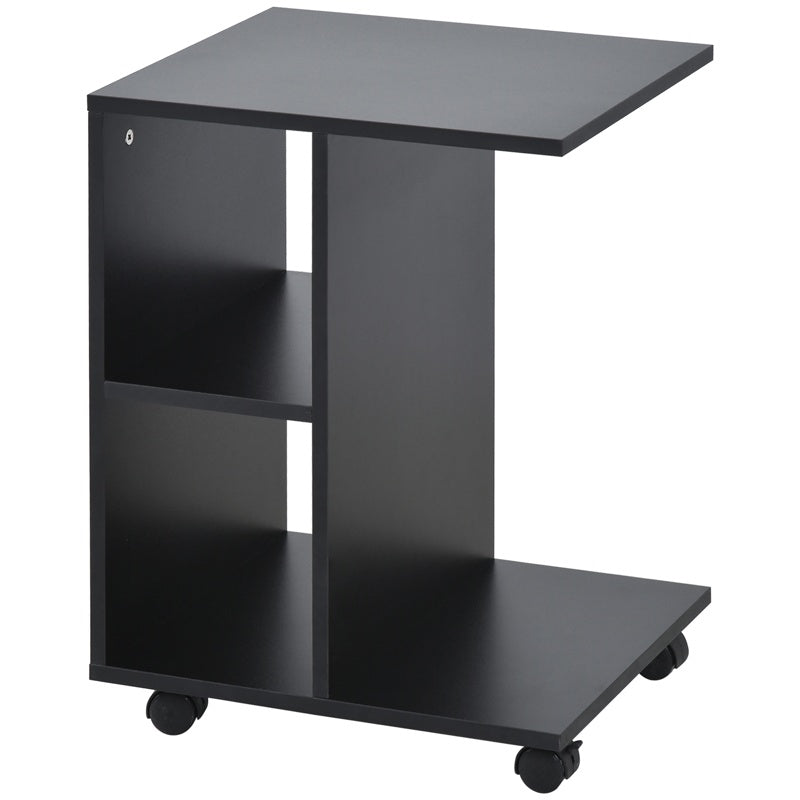 HOMCOM C-Shape End Table Unique Storage Unit w/ 2 Shelves 4 Wheels Freestanding Home Furniture Cabinet Square Black