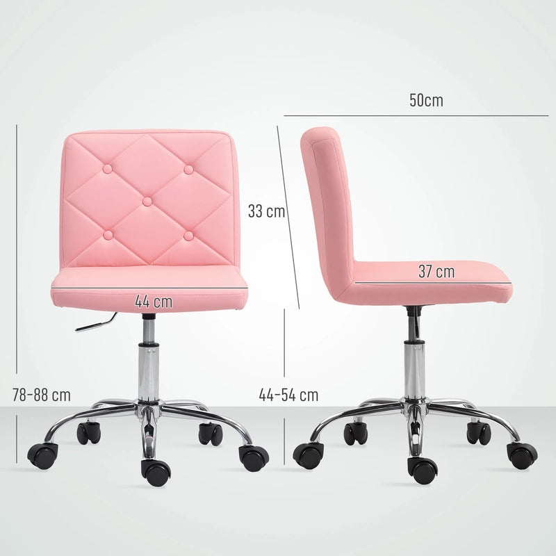 HOMCOM PU Leather Armless Office Chair, Modern Vanity Computer Swivel Chair with Rolling Wheels and Adjustable Height for Home Study, Bedroom, Pink