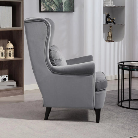 HOMCOM Modern Accent Chair, Upholstered Wingback Armchair with High Backrest and Pillow, Velvet-Feel Fabric Reading Chair with Solid Wood Legs for Living Room, Bedroom, Home Office, Dark Grey