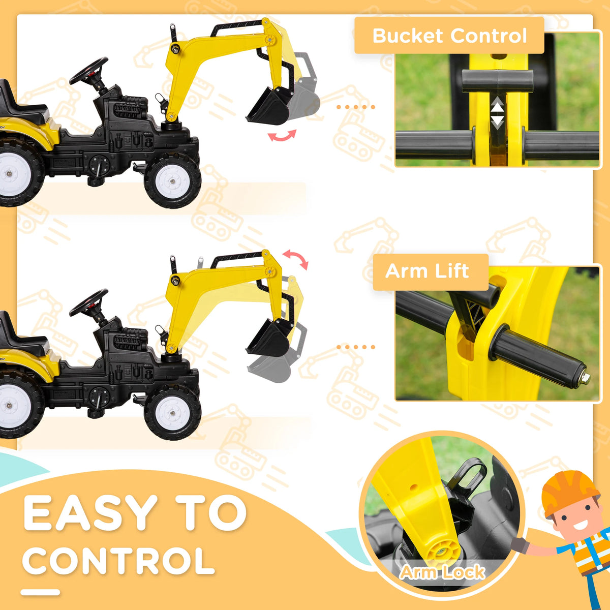 HOMCOM Kids Ride on Digger Pedal Go Kart Pretend Play Construction No Power Truck with Horn for 3 - 6 Years, Yellow