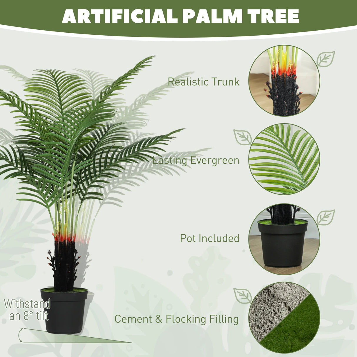 HOMCOM 120cm Artificial Areca Palm Tree with 9 PE Leaves, Decorative Artificial Plant with Plastic Pot and Flocked Soil, Fake Plant for Home Office Decor, Green