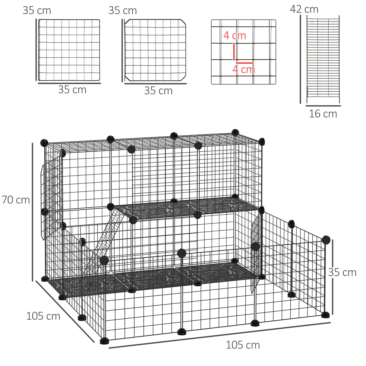 PawHut Pet Playpen w/ Door Customisable Fence for Guinea Pigs Chinchillas Hedgehogs - Black