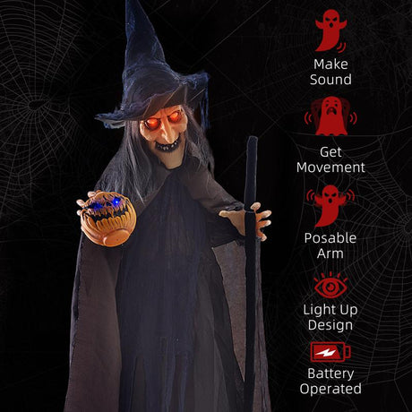 HOMCOM 6'2" Witch with Broomstick Halloween Animatronic, with Glowing Eyes