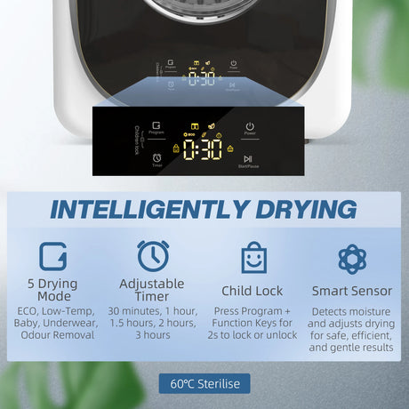 HOMCOM 4kg Vented Tumble Dryer, 800W Compact Freestanding Front Tumble Dryer with 5 Drying Mode, Smart Sensor, Timer and Stainless Steel Tub, Wall-Mounted Portable Small Clothes Drying Machine, White