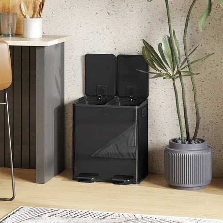 HOMCOM 40L Dual Compartment Stainless Steel Bin, with Deodoriser Holders - Glossy Black