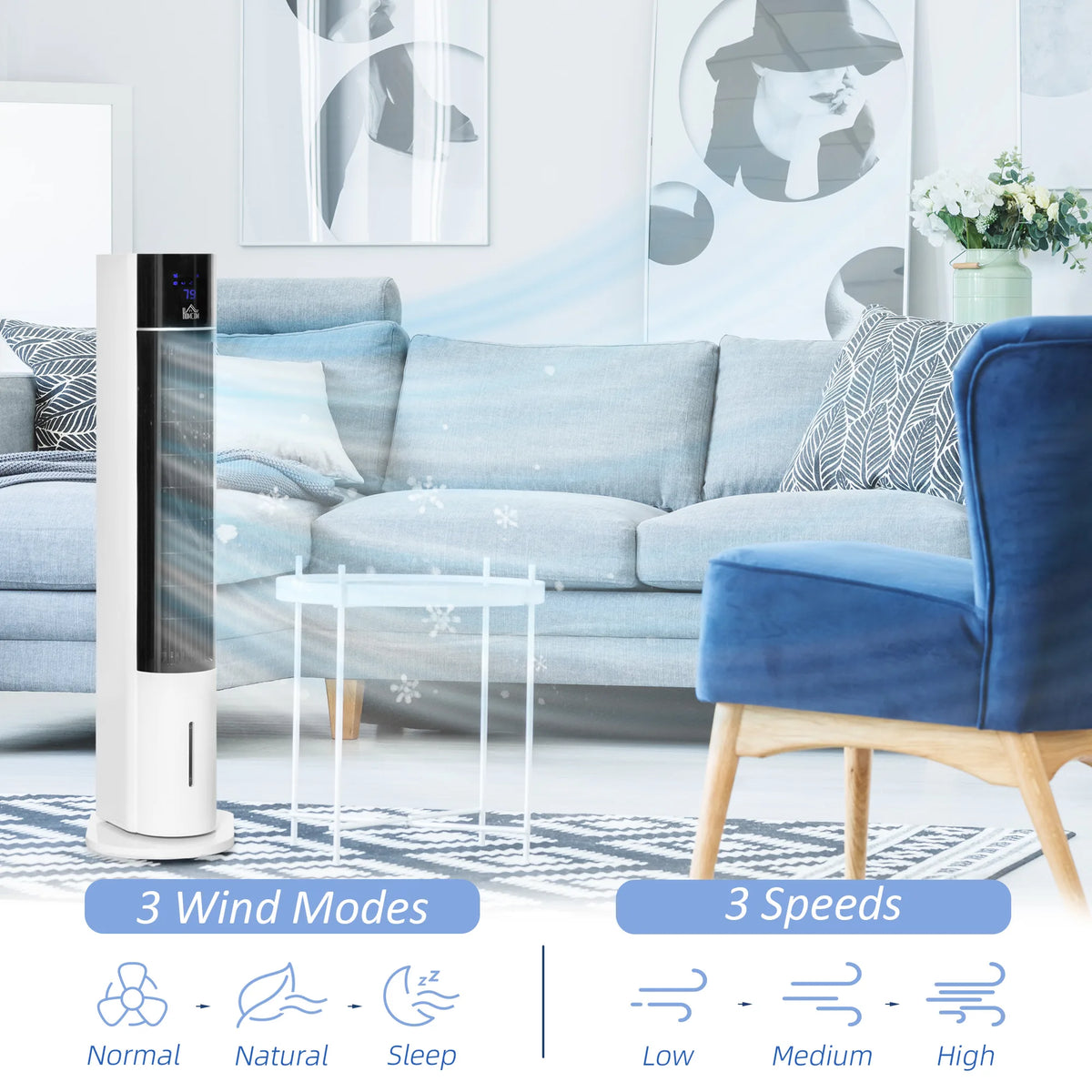 HOMCOM Portable Air Cooler, 3L Tank Evaporative Ice Cooling Tower Fan with 3 Modes, 3 Speeds, Remote, Timer, 60 Oscillating, Portable Swamp Cooler for Home Bedroom, White