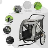 PawHut 2-In-1 Pet Bike Trailer Dog Stroller Pushchair with Universal Wheel Reflector Flag Grey