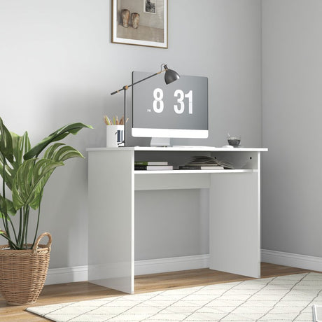 HOMCOM 90 x 50cm Computer Table, Modern Home Office Desk, Small Writing Desk with Storage Shelf, High Gloss White