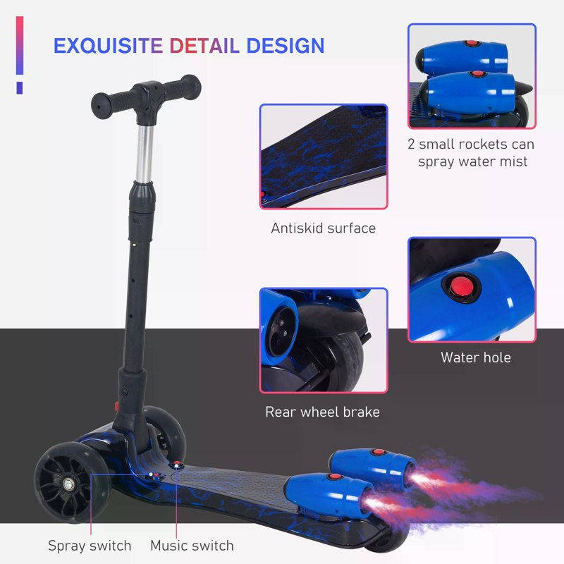 HOMCOM Kids Scooter, 3 Wheel Foldable Kick Scooter Adjustable Height w/ Flashing Wheels, Music, Water Spray for 3-6 Years, Blue