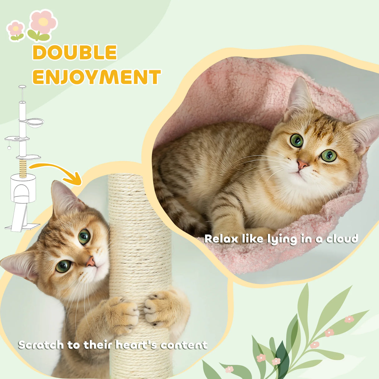 PawHut 220-240 cm Floor to Ceiling Cat Tree Adjustable Height with Hammock, Condo, Scratching Posts, Green