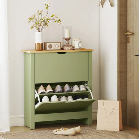 HOMCOM Slim Shoe Cabinet, Narrow Shoe Cupboard with 2 Flip Drawers, Adjustable Shelves for 12 Pairs of Shoes, Green