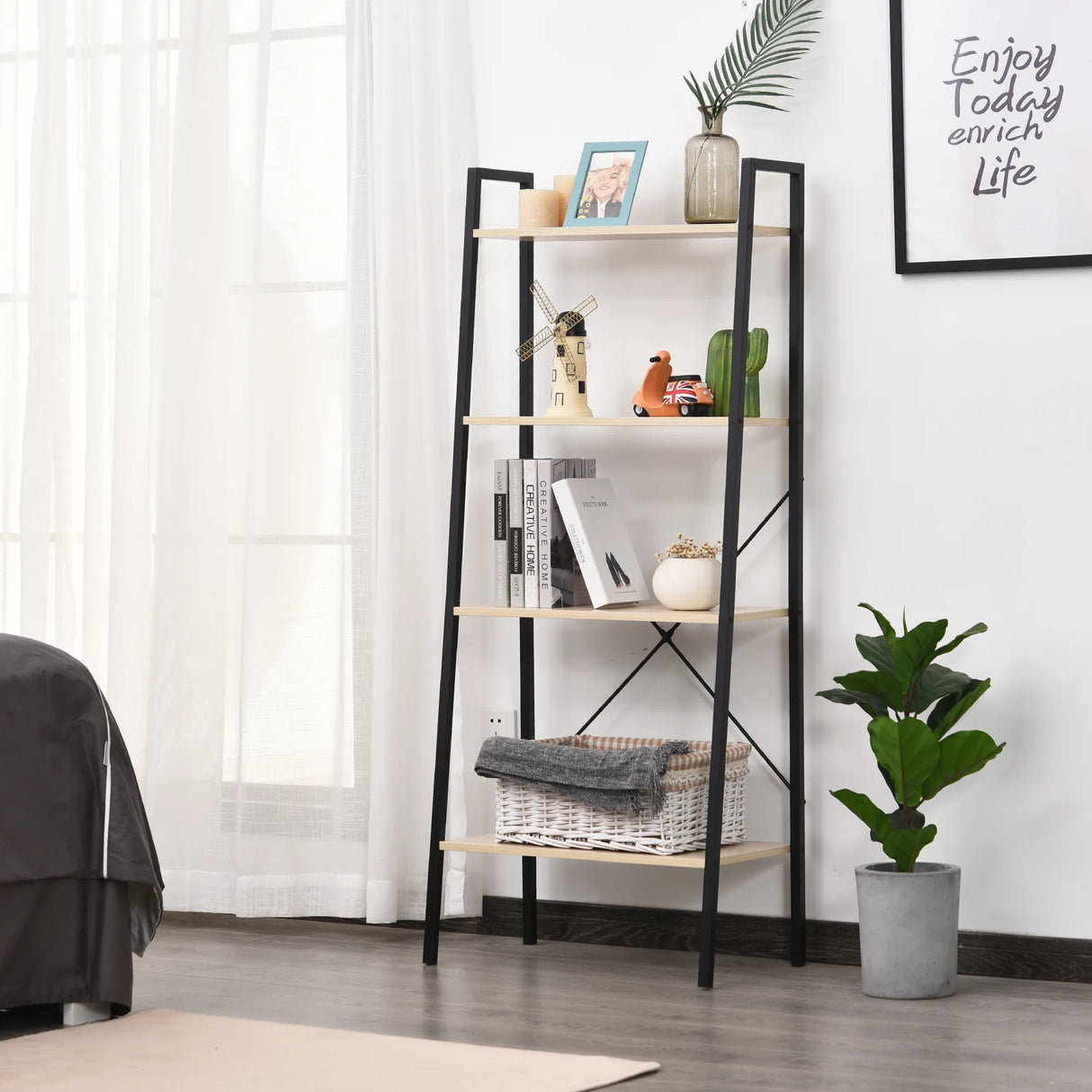 HOMCOM Ladder Shelf, Bookshelf, 4-Tier Industrial Storage Rack for Living Room, Bedroom, Kitchen, Oak and Black