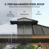 Outsunny 3 x 3 m Outdoor Hardtop Gazebo Canopy with 2-Tier Steel Roof, Wood Garden Gazebo with Curtains, Light Grey