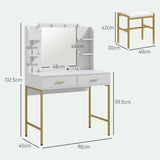 HOMCOM Dressing Table with Lighted Mirror, Cushioned Stool, Drawers, Shelves, LED Makeup Vanity Desk Set, Modern Dresser Vanity Table for Bedroom, White