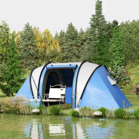 Outsunny Camping Tent with 2 Bedrooms and Living Area, 3000mm Waterproof Family Tent, for Fishing Hiking Festival, Blue