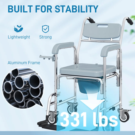 HOMCOM Rolling Shower Wheelchair for Seniors, Bedside Commode Chair with Locking Wheels, Seat, Backrest, Arms, Grey
